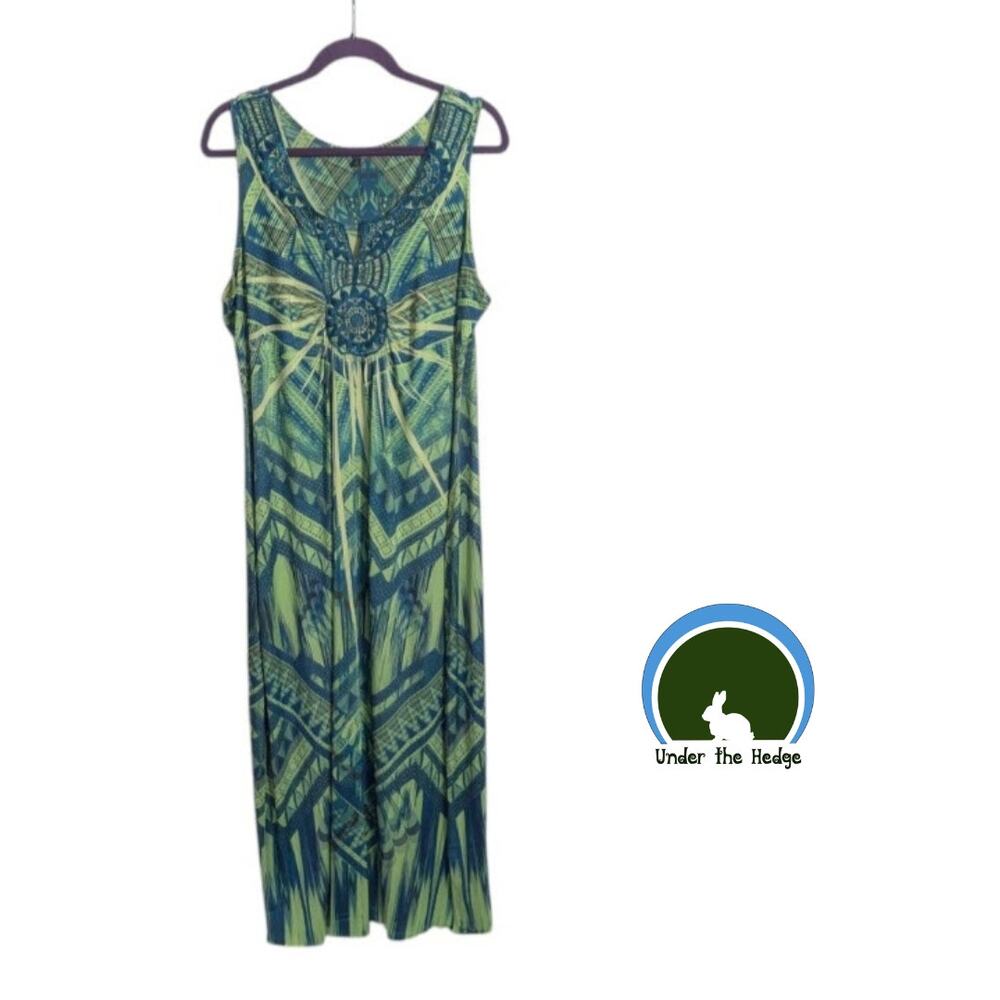 Vtg Apt 9 Green Blue Embroidered Maxi Dress Size 1X Boho Resort Festival P1